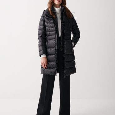 Long iridescent down jacket with bib