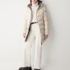 Long iridescent down jacket with fixed hood