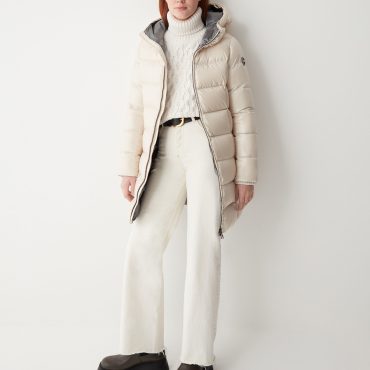 Long iridescent down jacket with fixed hood
