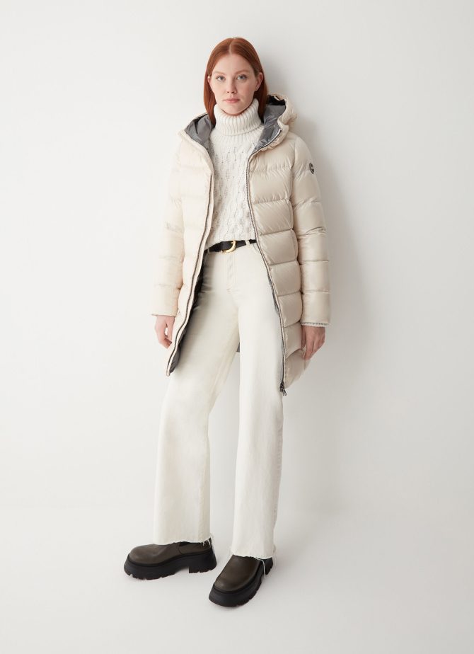 Long iridescent down jacket with fixed hood