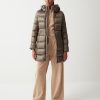 Long iridescent down jacket with fixed hood