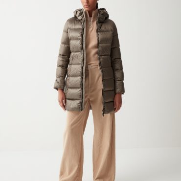 Long iridescent down jacket with fixed hood