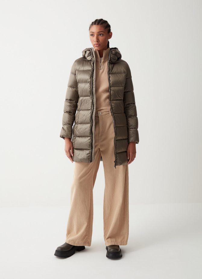 Long iridescent down jacket with fixed hood