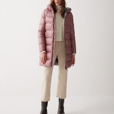 Long iridescent down jacket with fixed hood