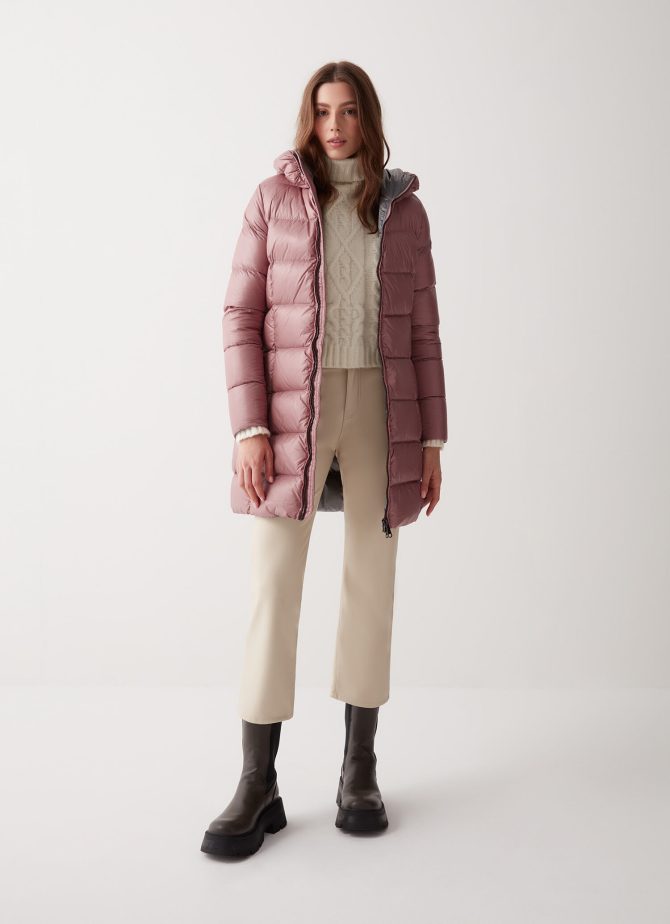 Long iridescent down jacket with fixed hood