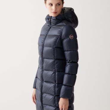 Long iridescent down jacket with fixed hood
