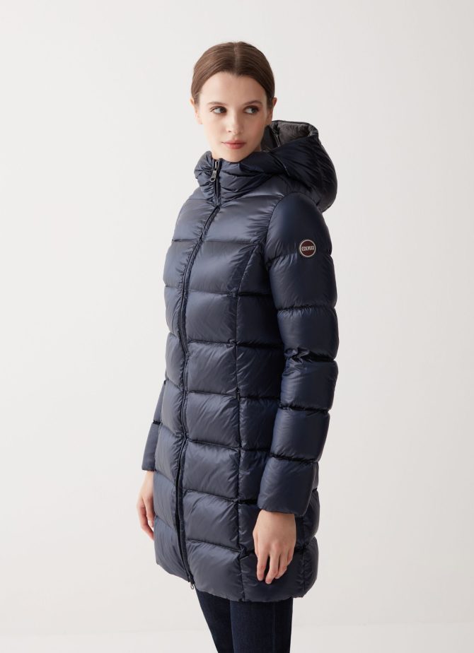 Long iridescent down jacket with fixed hood