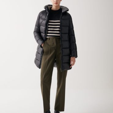 Long iridescent down jacket with fixed hood