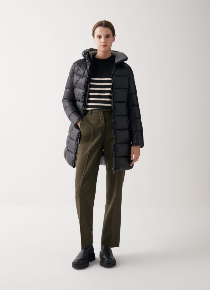 Long iridescent down jacket with fixed hood