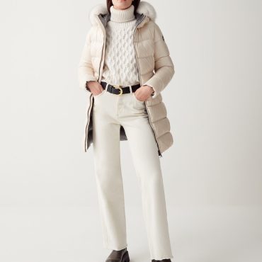 Long iridescent jacket with fixed hood