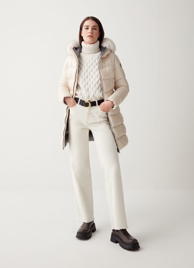 Long iridescent jacket with fixed hood