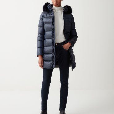 Long iridescent jacket with fixed hood
