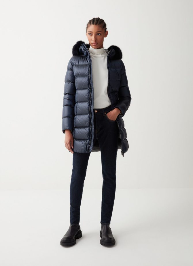 Long iridescent jacket with fixed hood