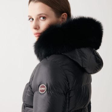 Long iridescent jacket with fixed hood