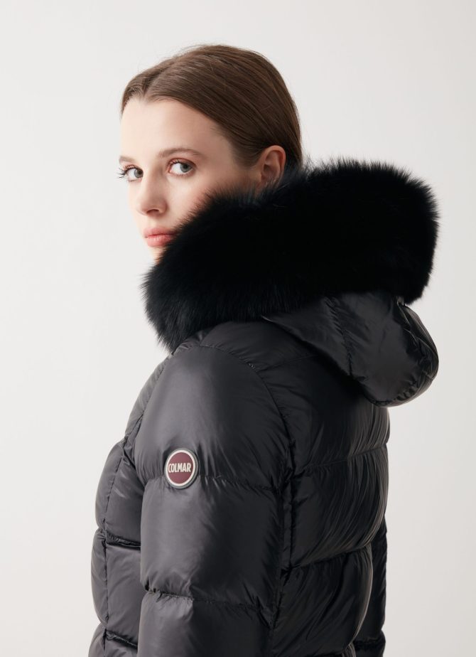 Long iridescent jacket with fixed hood