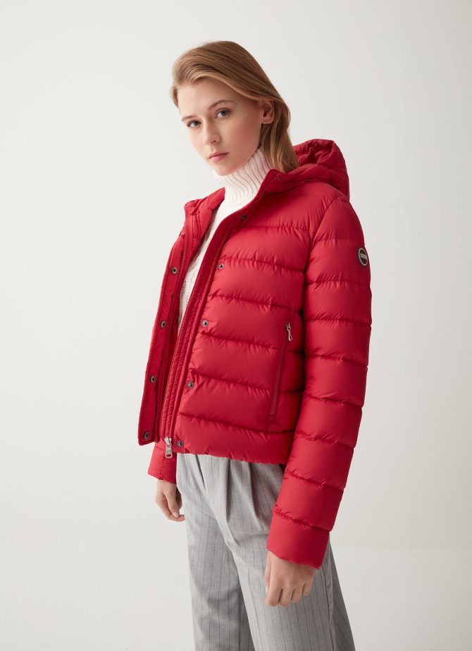Down jacket with fixed hood in matt fabric