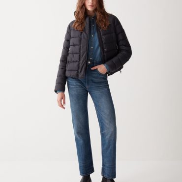 Down jacket with fixed hood in matt fabric
