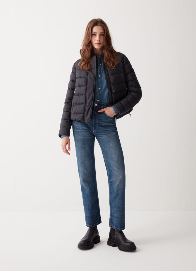 Down jacket with fixed hood in matt fabric