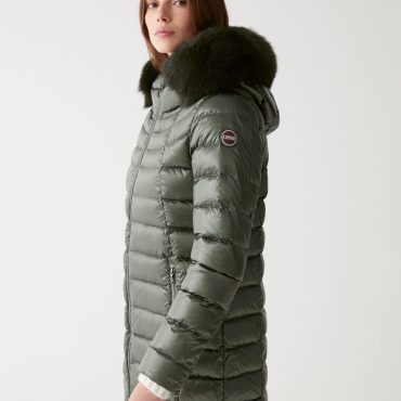 Medium length iridescent down jacket