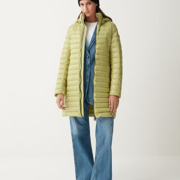 Long autumn down jacket with detachable hood
