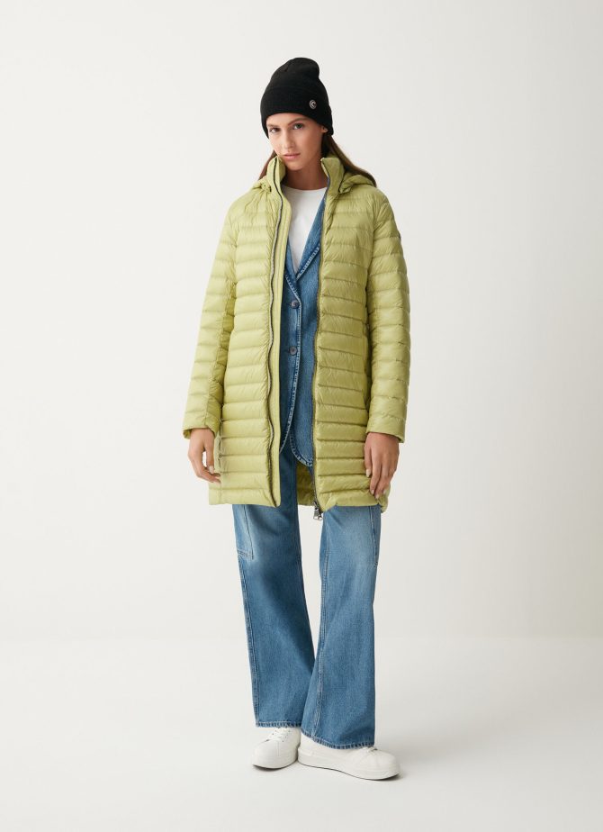 Long autumn down jacket with detachable hood