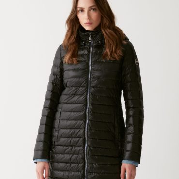 Long autumn down jacket with detachable hood