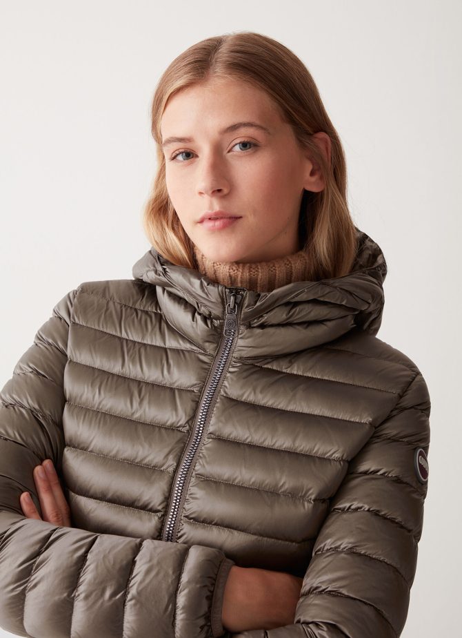 Fitted iridescent down jacket with hood