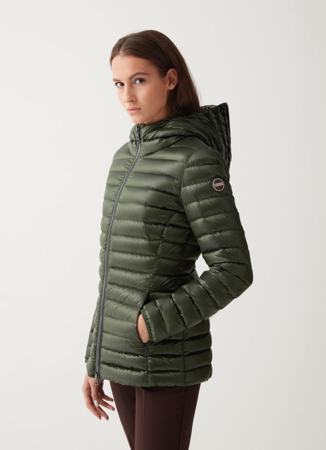 Fitted iridescent down jacket with hood