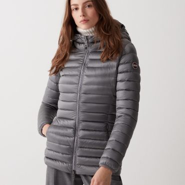 Fitted iridescent down jacket with hood