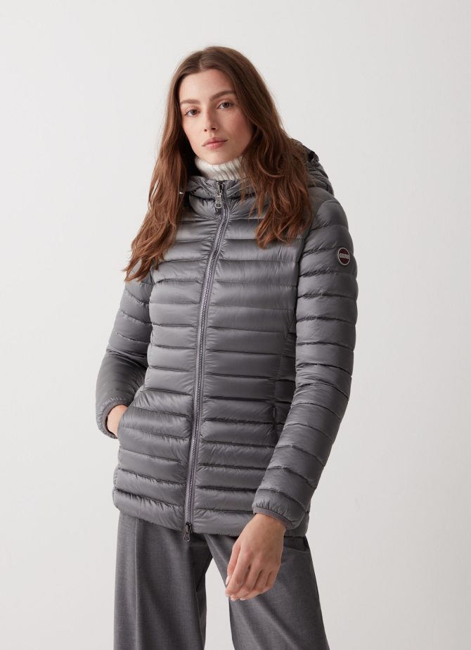Fitted iridescent down jacket with hood