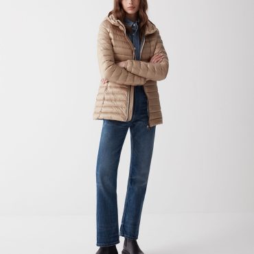 Fitted iridescent down jacket with hood