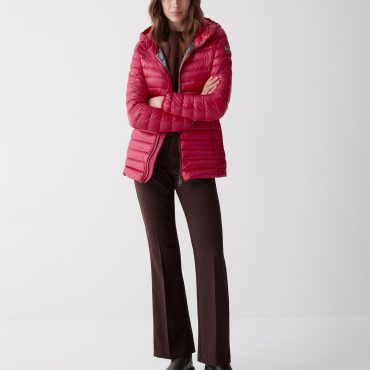 Fitted iridescent down jacket with hood