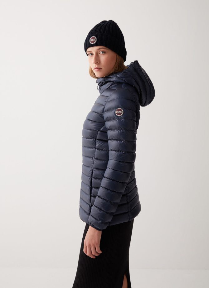 Fitted iridescent down jacket with hood