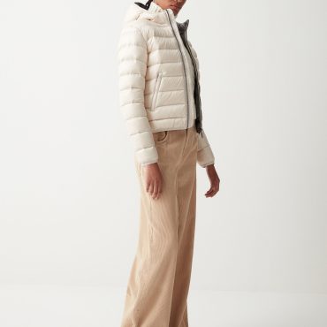 Iridescent down jacket with fixed hood