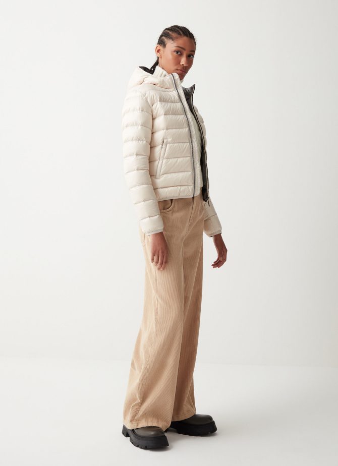 Iridescent down jacket with fixed hood