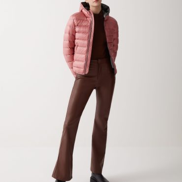 Iridescent down jacket with fixed hood