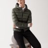 Iridescent down jacket with fixed hood