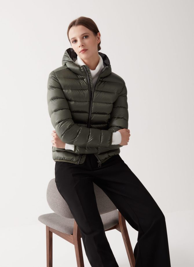 Iridescent down jacket with fixed hood