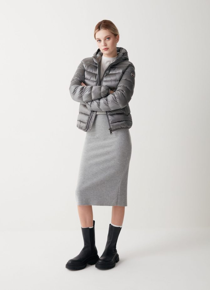 Iridescent down jacket with fixed hood