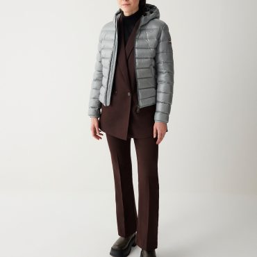 Iridescent down jacket with fixed hood