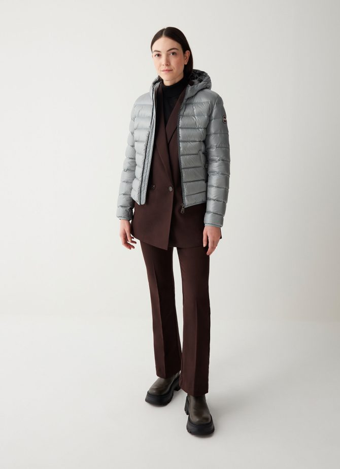 Iridescent down jacket with fixed hood