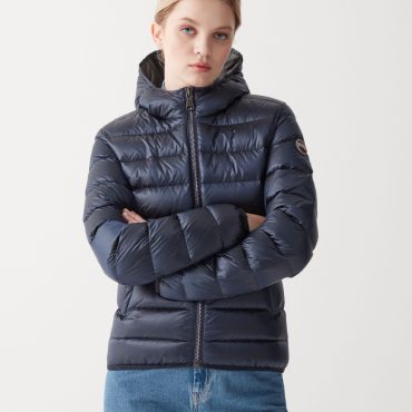 Iridescent down jacket with fixed hood