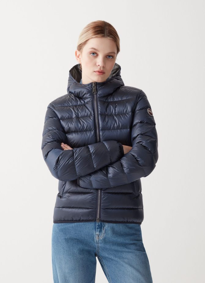 Iridescent down jacket with fixed hood