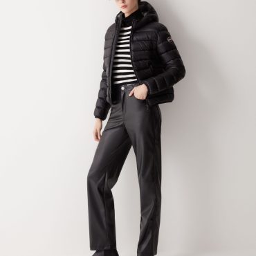 Iridescent down jacket with fixed hood