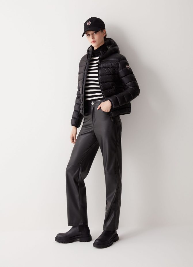 Iridescent down jacket with fixed hood