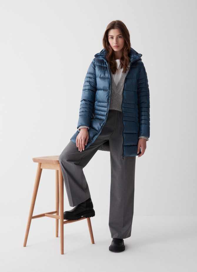 Long iridescent down jacket with detachable hood