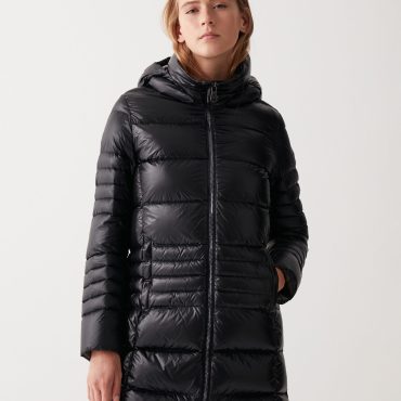 Long iridescent down jacket with detachable hood