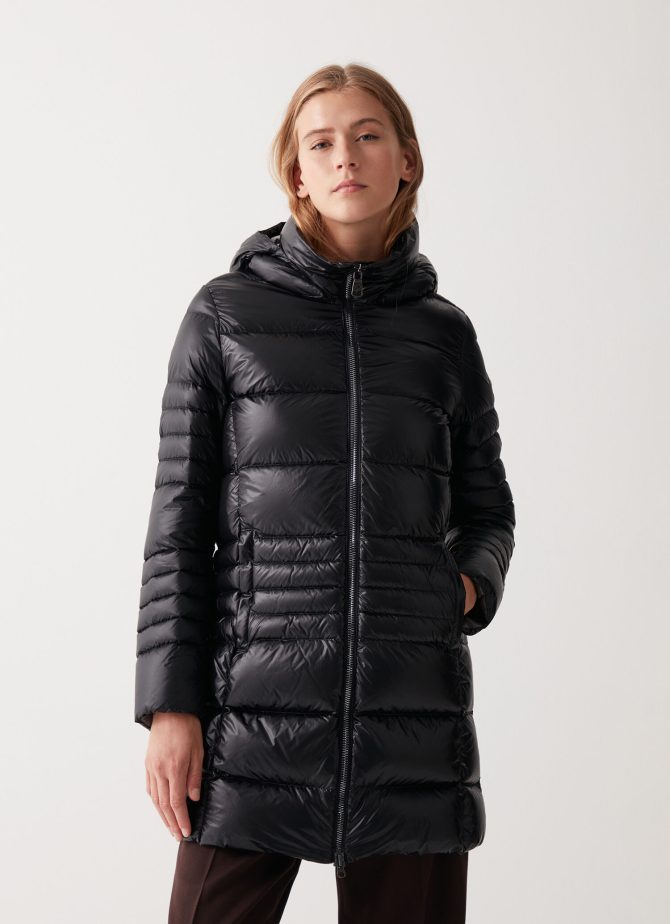 Long iridescent down jacket with detachable hood