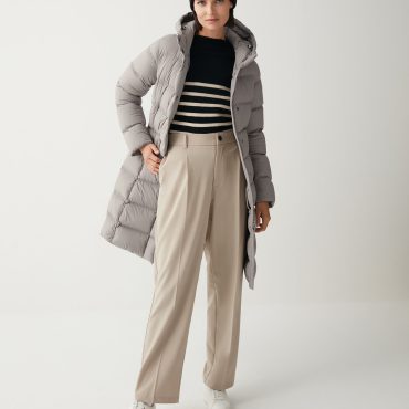 Long, stretch down jacket with belt