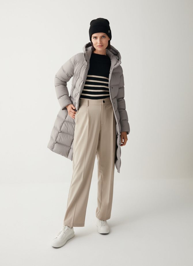 Long, stretch down jacket with belt